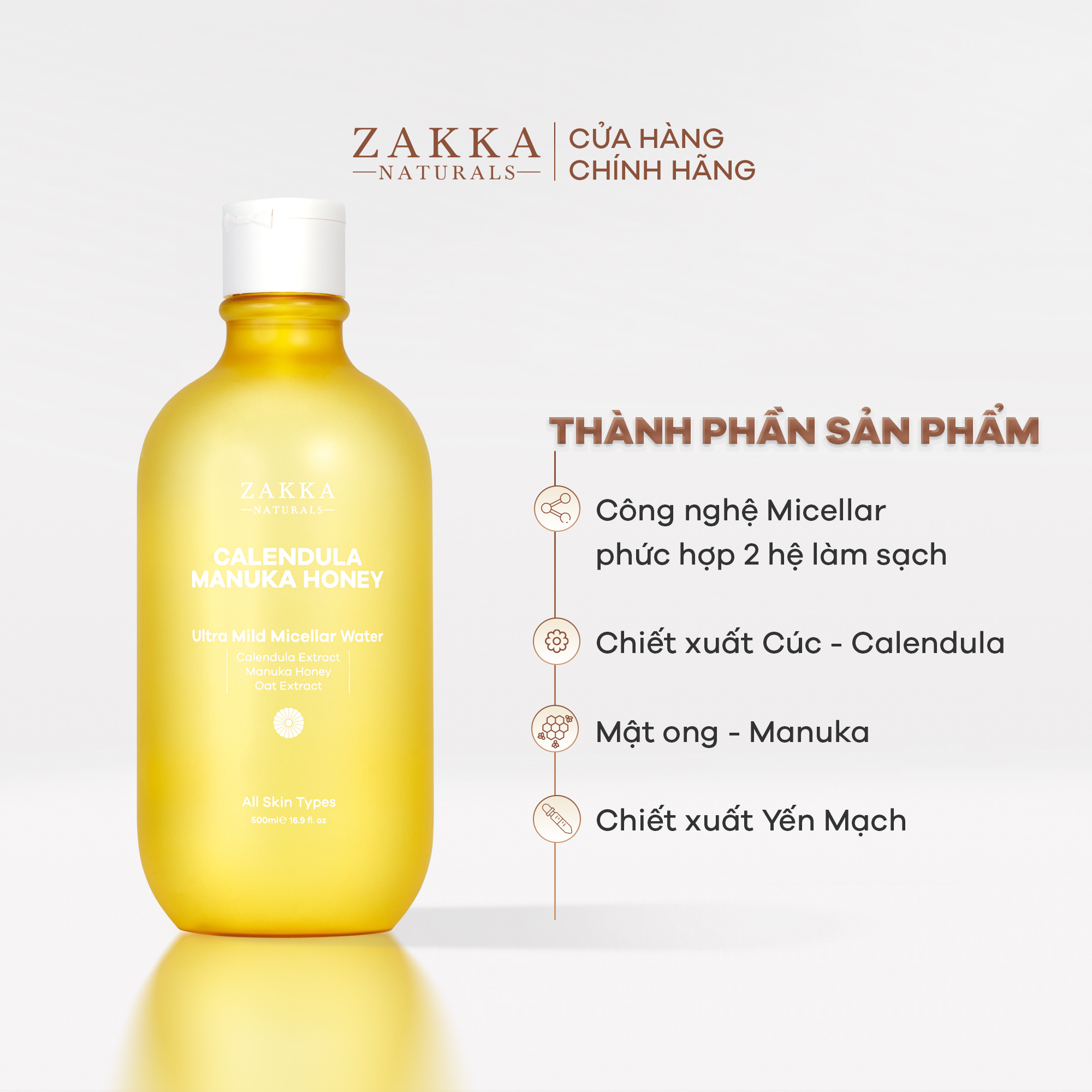 Nước Tẩy Trang Cúc Và Mật Ong Dịu Nhẹ Dành Cho Da Nhạy Cảm - Calendula &amp; Manuka Honey Ultra Mild Micellar Water - Zakka Naturals 500ml