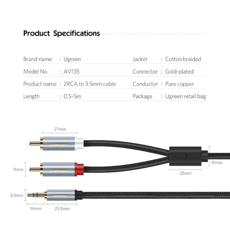 Ugreen UG40845AV135TK 5M màu Đen Cáp âm thanh 2 đầu Bông sen sang 3.5mm Dương đầu bọc nhôm mạ vàng - HÀNG CHÍNH HÃNG