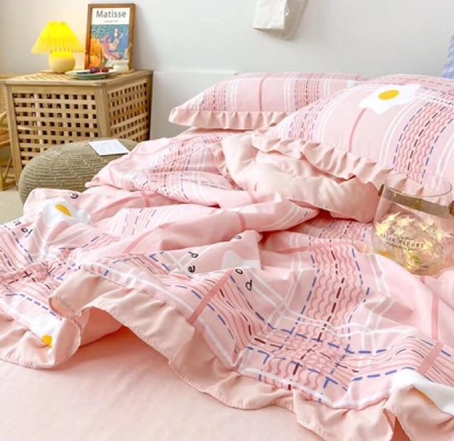 Set Cotton Đũi Hàn Quốc Hàng Nhập Khẩu Cao Cấp 4 Món Chăn Trần Liền Hoa Kẻ Hồng