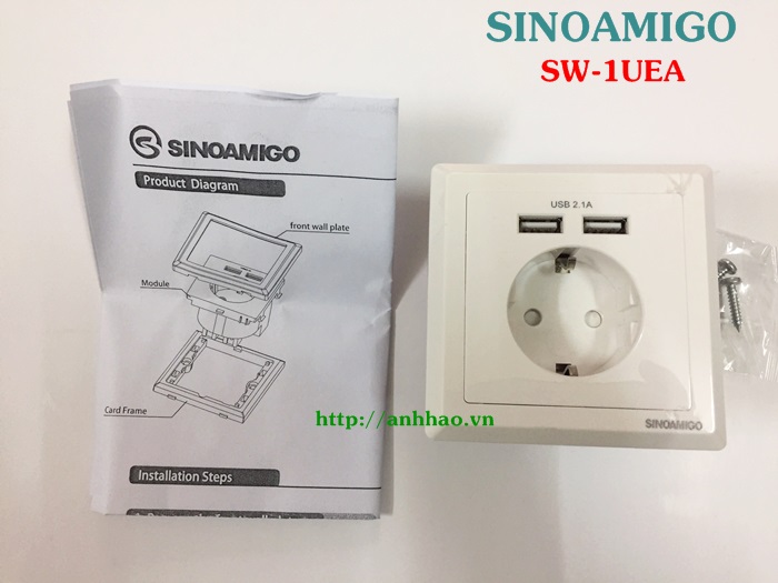 Ổ cắm điện Schuko (chuẩn Hàn Quốc) có 2 cổng USB 5V-2.1A Sinoamigo SW-1EUA chính hãng