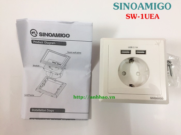 Ổ cắm điện Schuko có 2 cổng USB 5V-2.1A Sinoamigo SW-1EUA chính hãng
