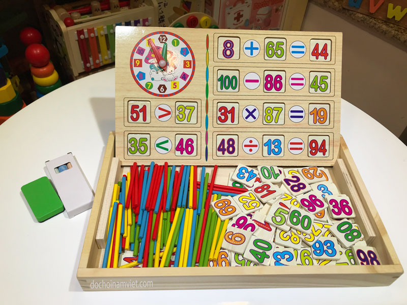 Bộ học toán 100 chữ số đa năng 2 mặt bằng gỗ, đồ chơi giáo dục thông minh