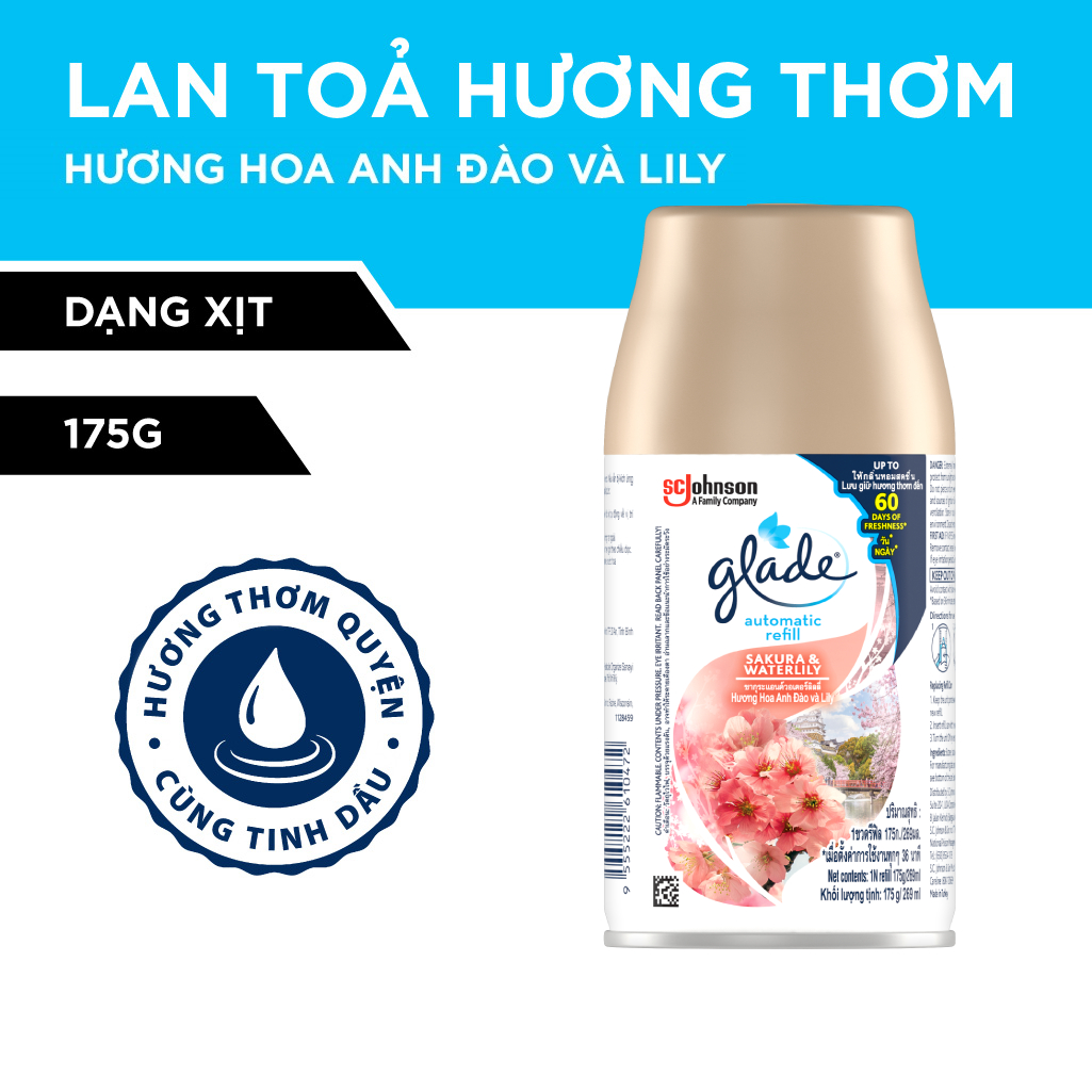 Bộ Máy &amp; Lõi Xịt thơm phòng tự động GLADE Hương Hoa Anh Đào Lily 252ml