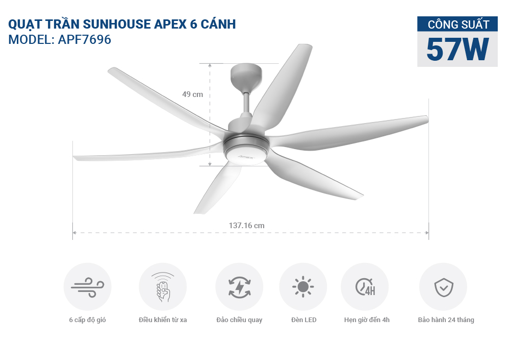 Quạt Trần Đèn Led Sunhouse Apex 6 cánh APF-7696, công suất 57W, cánh quạt sải rộng, điều khiển từ xa, Hàng chính hãng
