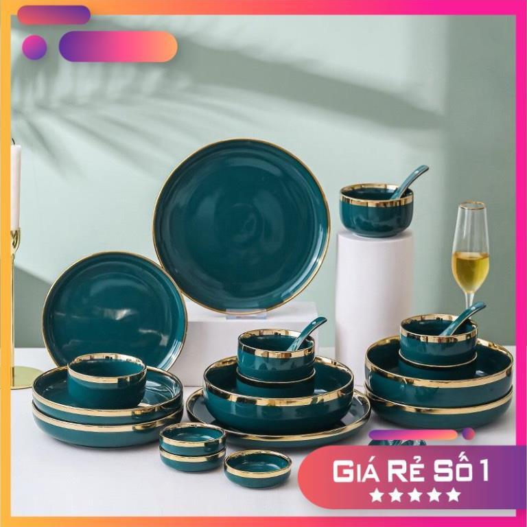 Bộ bát đĩa cao cấp,chén Đĩa decor đẹp BX-26 món viền vàng các màu phong cách Bắc Âu