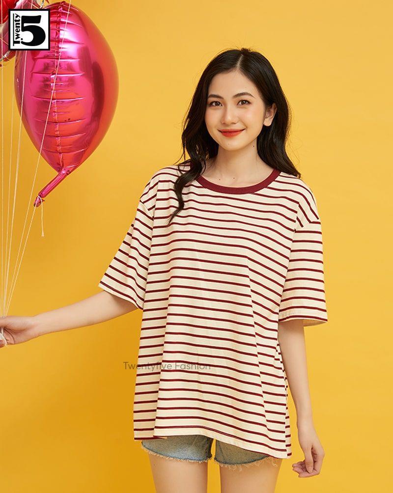 Áo thun nữ kẻ ngang, dáng rộng Twentyfive 3673