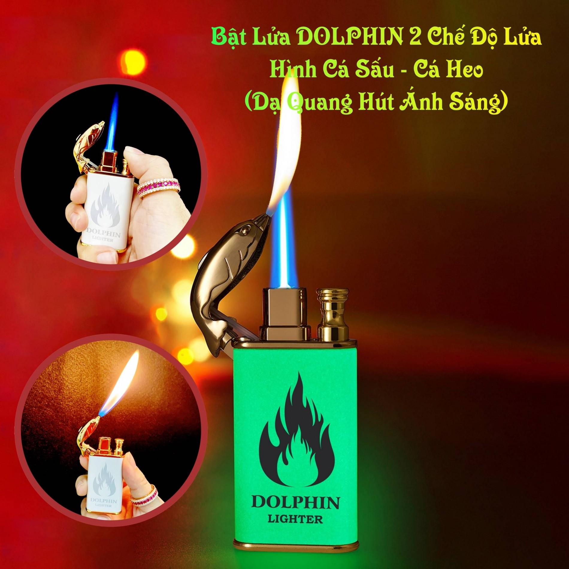 Hột quẹt bật lửa dolphin 2 chế độ lửa hình cá sấu - cá heo (dạ quang hút ánh sáng) - (xài gas)