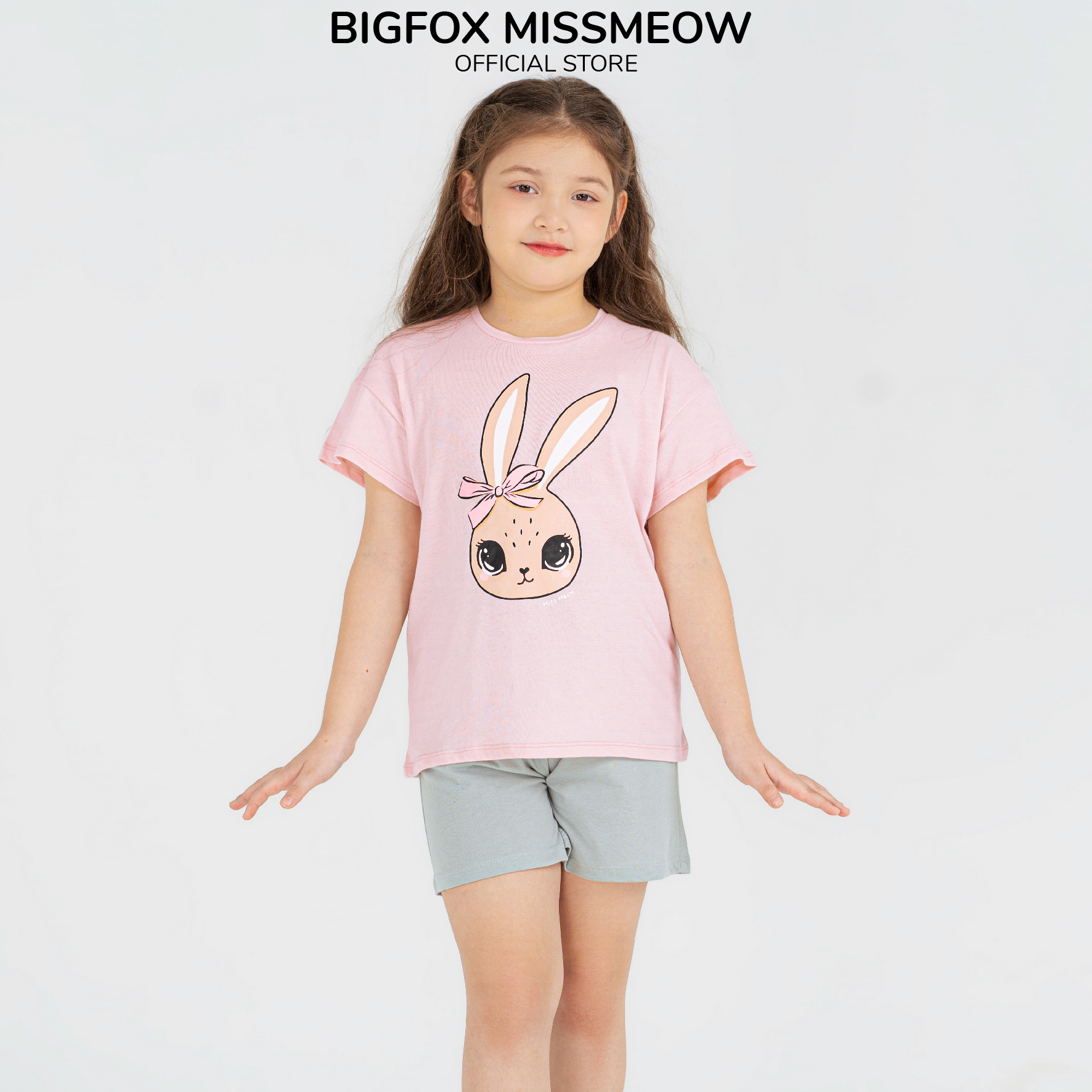 [Bộ thun BG cộc tay 03 3;11] Đồ bộ cộc tay bé gái Bigfox Miss Meow size đại mùa hè vải cotton mềm mại in thỏ dễ thương cỡ 3-11 tuổi 30kg 40kg