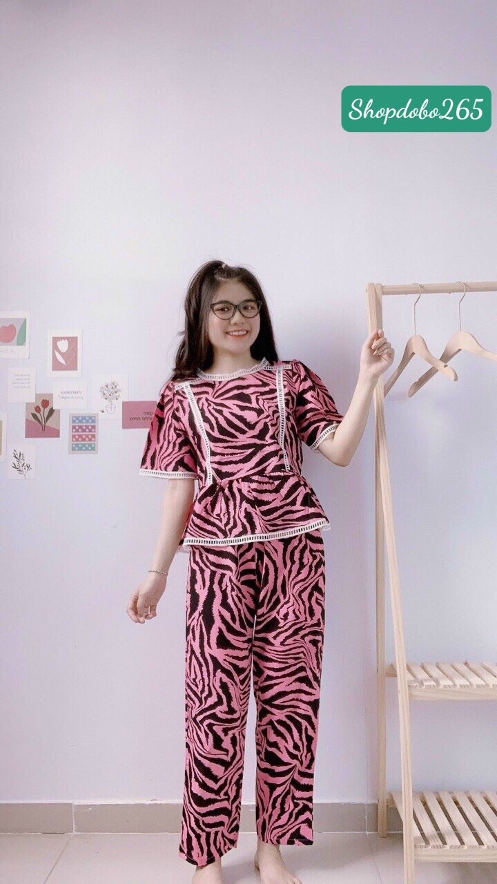 Đồ bộ nữ,đồ ngủ mặc nhà vải lụa quần dài babydoll BD 71 họa tiết beo dễ thương size 45-57kg.
