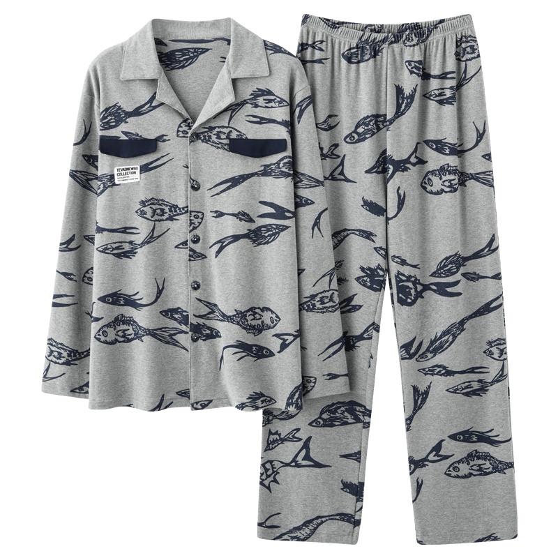 2228 - Bộ Pijama nam dài tay cao cấp màu ghi phối họa tiết hình con cá độc đáo, vải cotton 100% mềm thoáng, size L-3XL