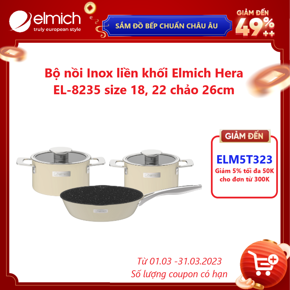 Bộ nồi Inox liền khối Elmich Hera EL-8235 size 18, 22 chảo 26cm