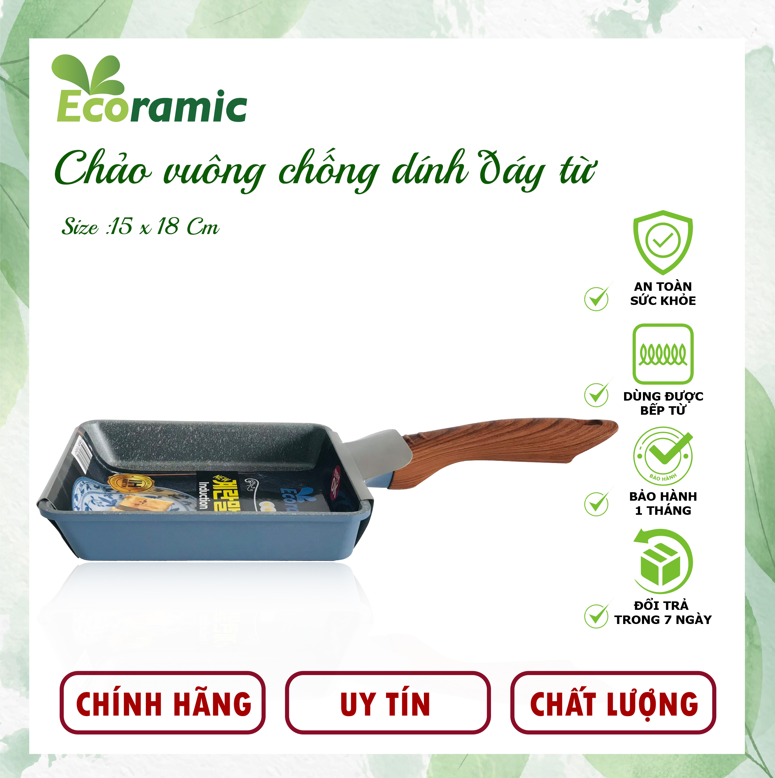 Chảo Vuông Vân Đá Đáy Từ Ecoramic Chính Hãng Cao Cấp, Chống Dính, Siêu Bền