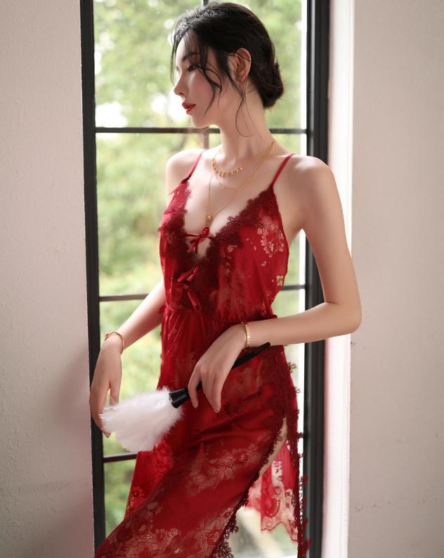 Đầm ngủ hai dây phối ren Sexy Girl - Đỏ