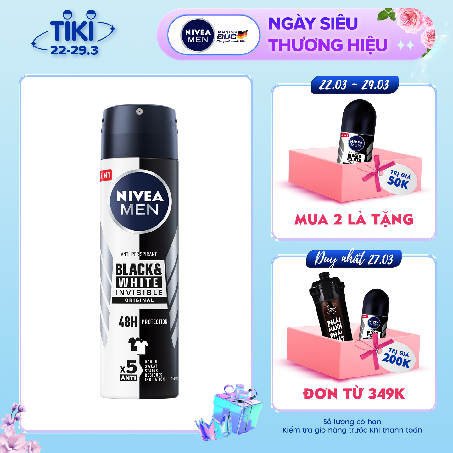 Xịt Ngăn Mùi NIVEA MEN Black&amp;White Ngăn Vệt Ố Vàng Vượt Trội - Hương Nhẹ Nhàng (150 Ml) - 82241