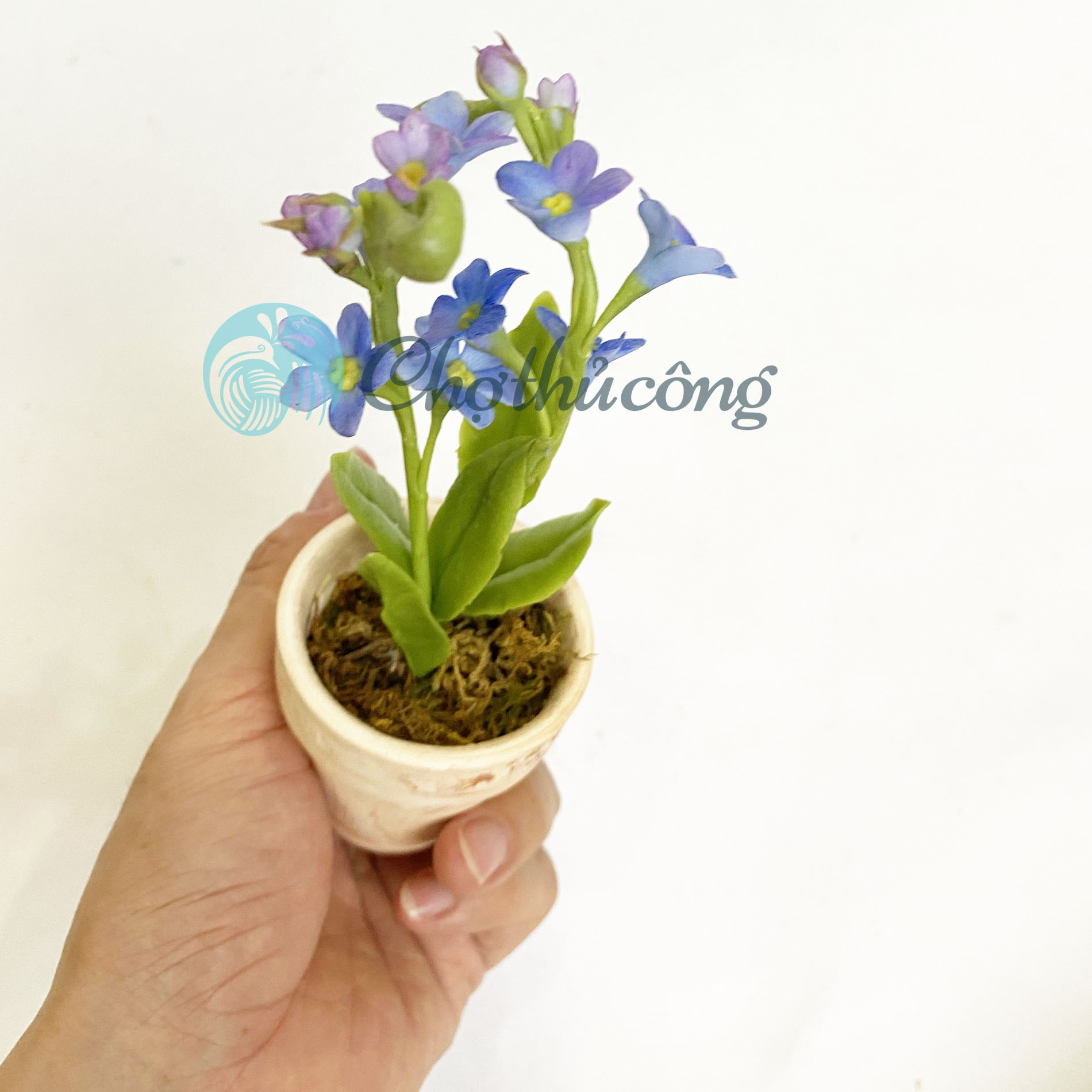 Chậu hoa lưu ly forget me not đất sét mini Nhật Thái, chậu cây mini hoa handmade - chậu hoa giả để bàn, quà tặng handmade