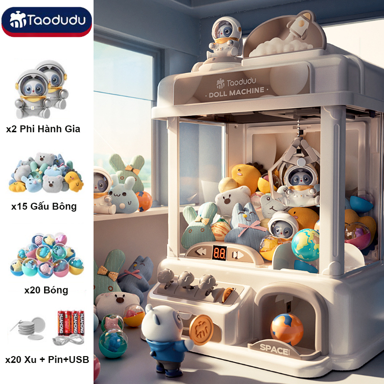 Máy Gắp Thú Mini Phi Hành Gia Kích Thước Lớn Có Nhạc Và Đèn Kèm Xu Đếm Thời Gian, Có Sẵn Nhiều Thú Bông Cho Bé