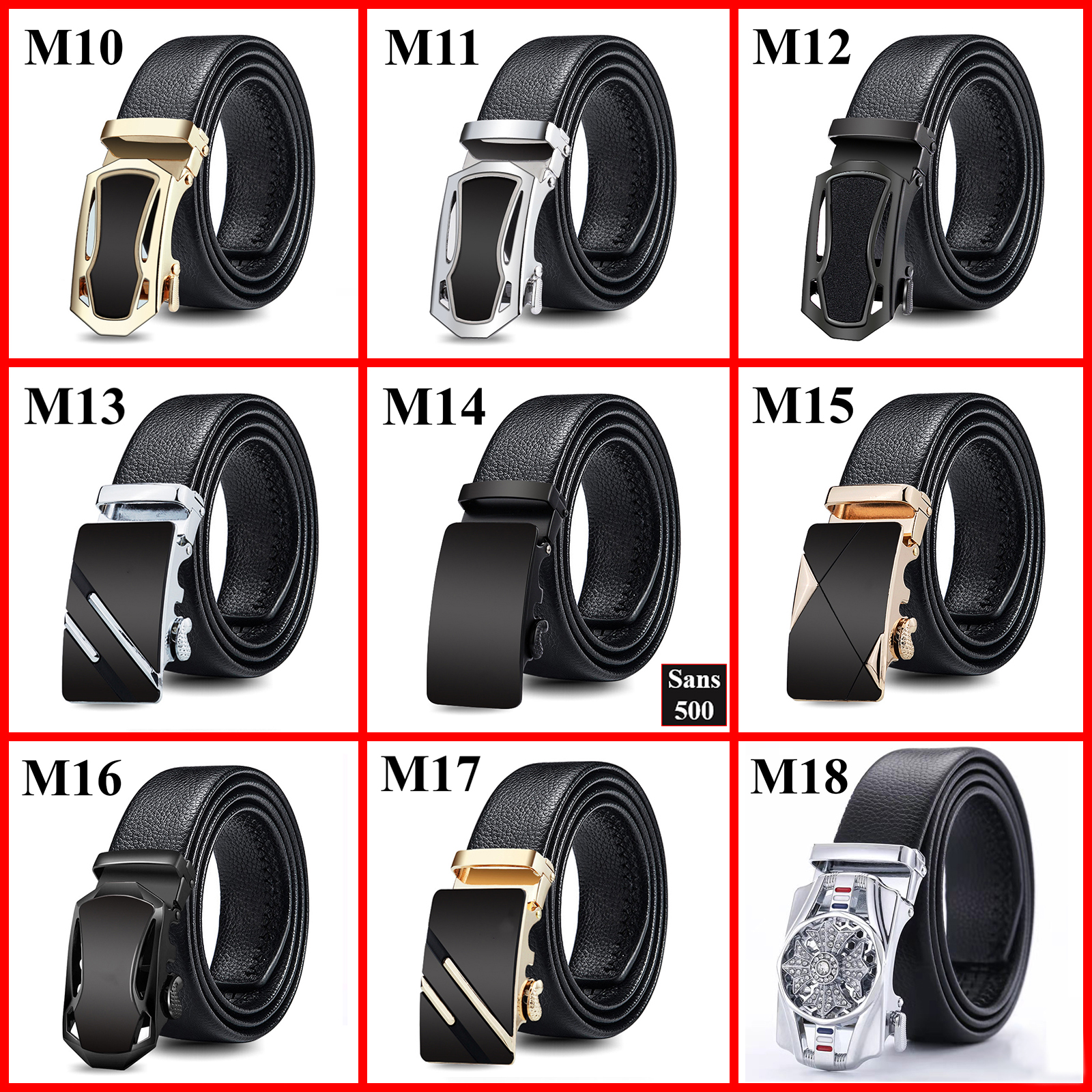 Thắt lưng nam da cao cấp Sans500 dây nịt mặt khoá tự động xoay đính đá đen đẹp sang trọng lịch lãm thời trang full đen