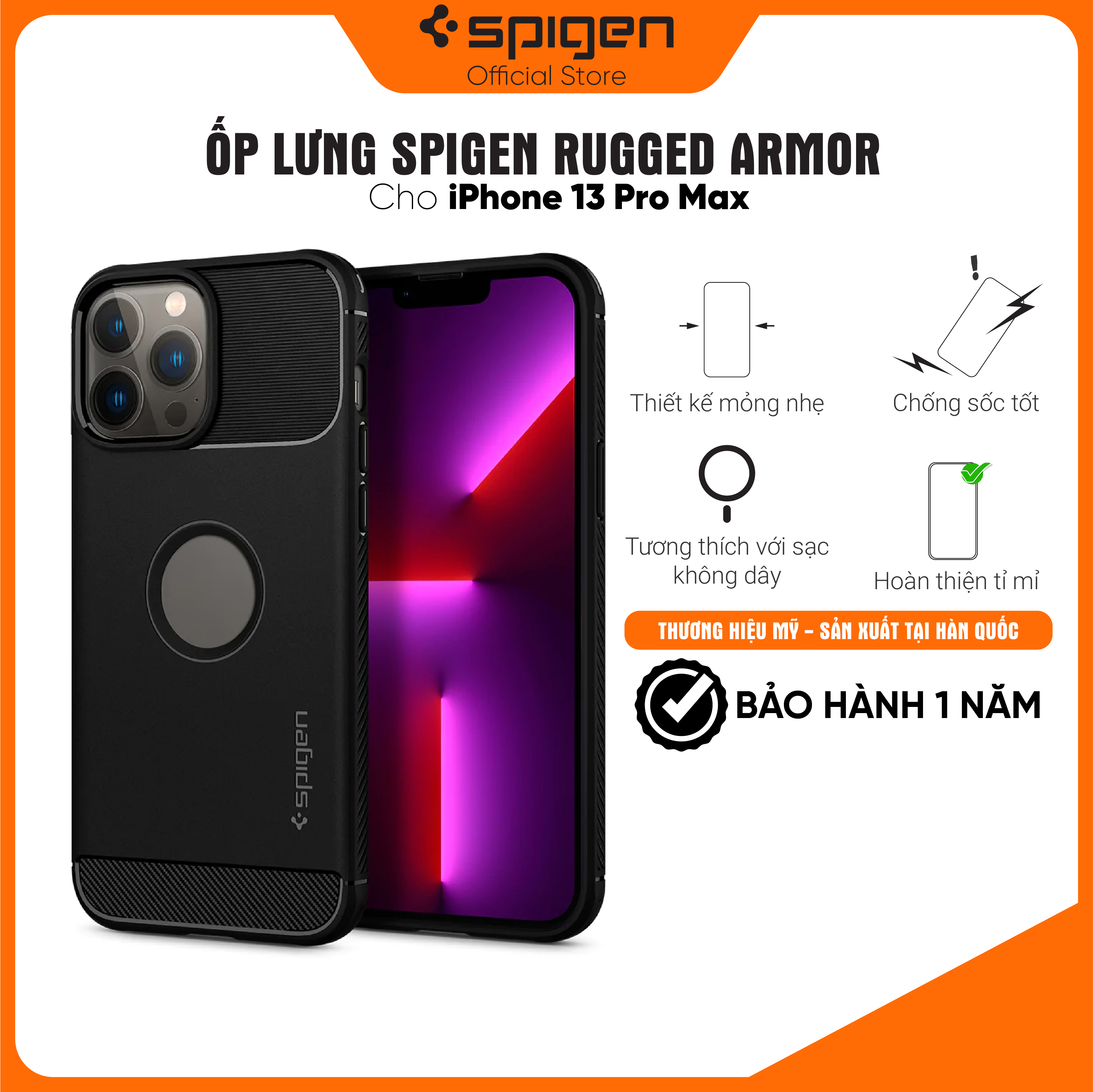 Ốp lưng Spigen Rugged Armor Matte Black cho iPhone 13 Pro Max - Thiết kế nhỏ nhẹ, chống sốc, chống bẩn, viền camera cao - Hàng chính hãng