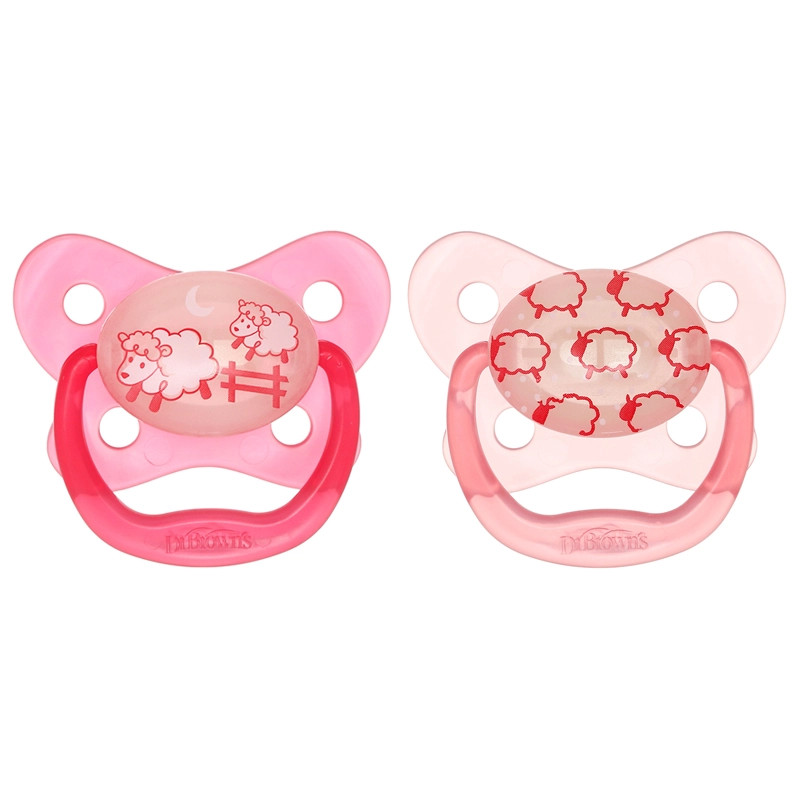 [ PV12006 - Hồng ] Set 2 ty ngậm phát sáng dạ quang Prevent chỉnh nha, chống vẩu Dr.Brown's ( 0-6m )