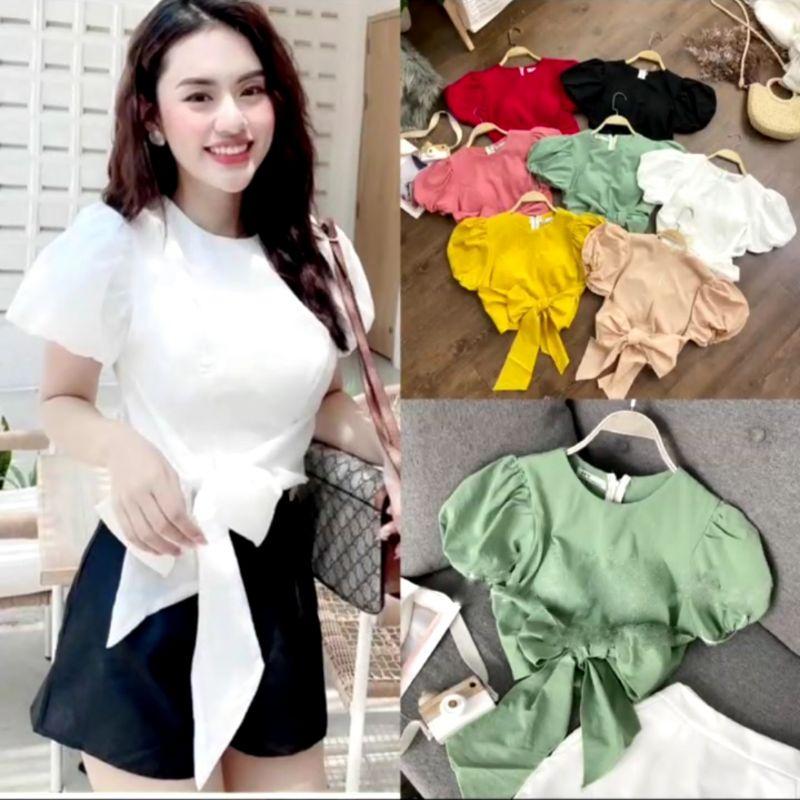 Áo Croptop Cột Nơ Eo YURITA Tay Bồng Khoá Sau Phong Cách Hàn Quốc Tiểu Thư Đủ Màu Dễ Phối Đồ