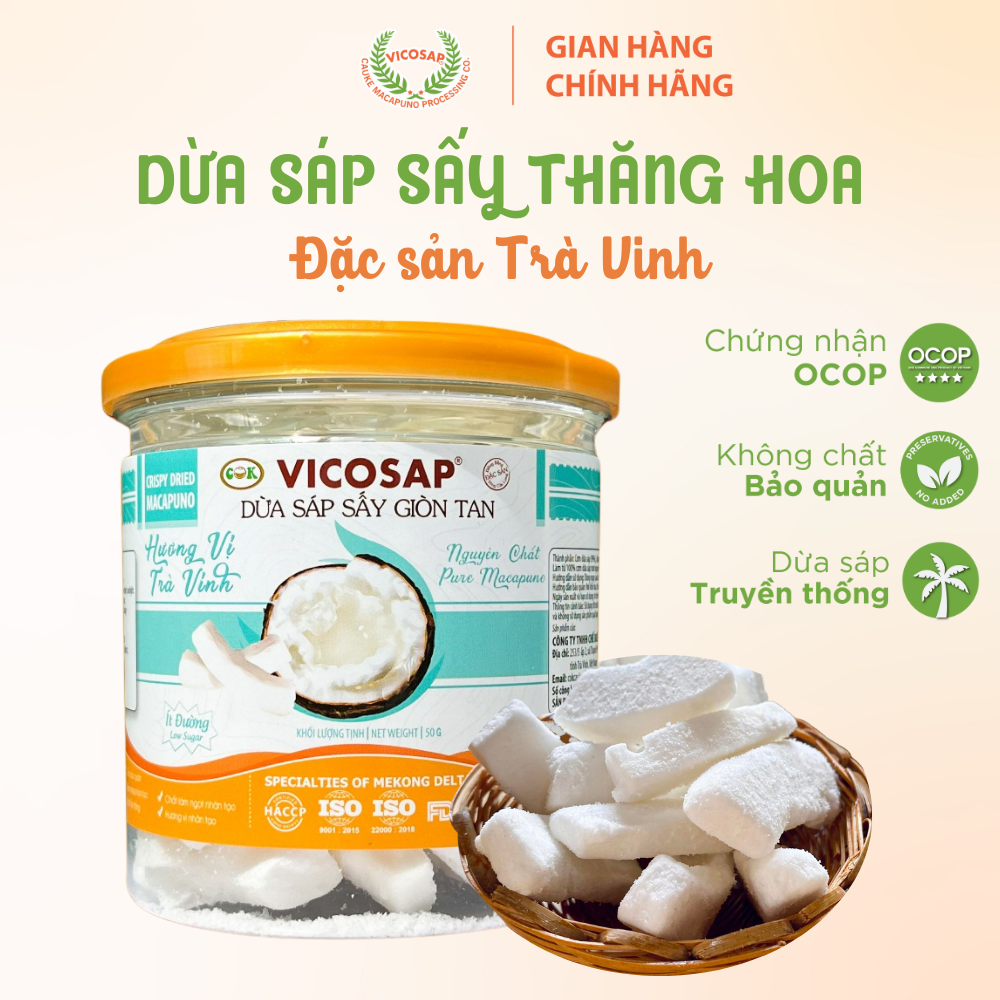 Dừa sáp sấy giòn cao cấp VICOSAP ít đường đồ ăn vặt healthy đặc sản Trà Vinh hộp 50g