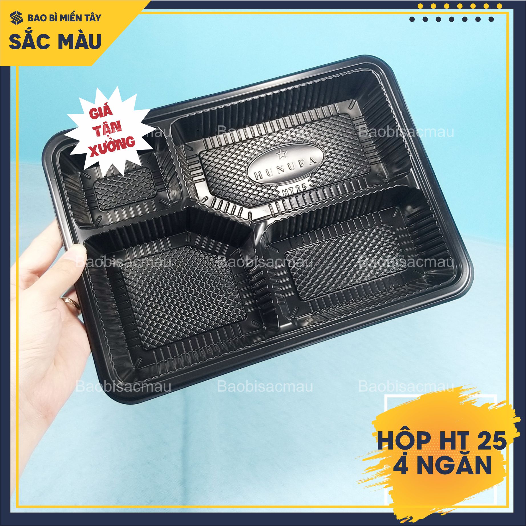 Sét 20 Hộp nhựa đế đen, nắp trong HT25 4 ngăn đựng cơm, đựng thức ăn, thực phẩm...