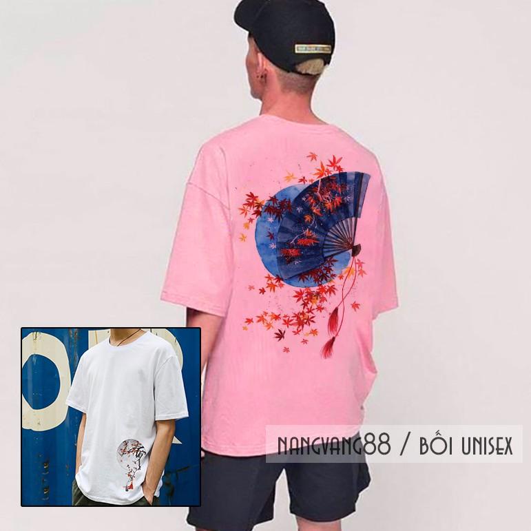 Áo Thun Tay Lỡ Unisex Hoa Đỏ Trên Quạt Xanh Cực Chất