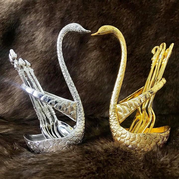 Bộ 6 muỗng và lọ để muỗng thiên nga cao cấp