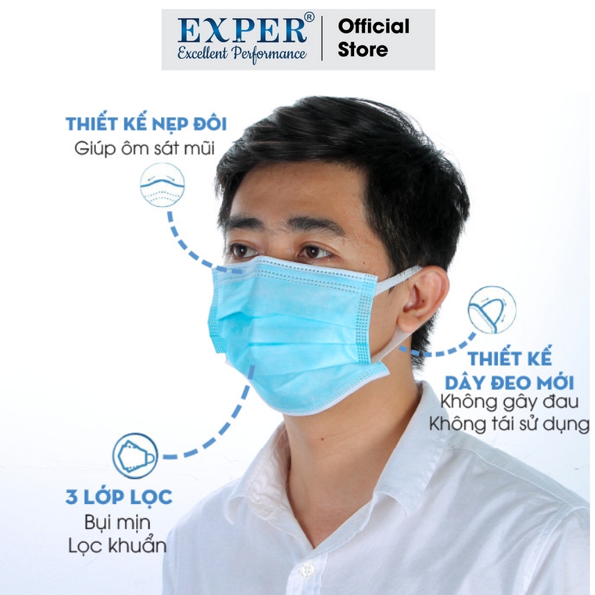 Khẩu trang y tế EXPER 3 lớp kháng khuẩn giành cho người lớn hộp 50 cái