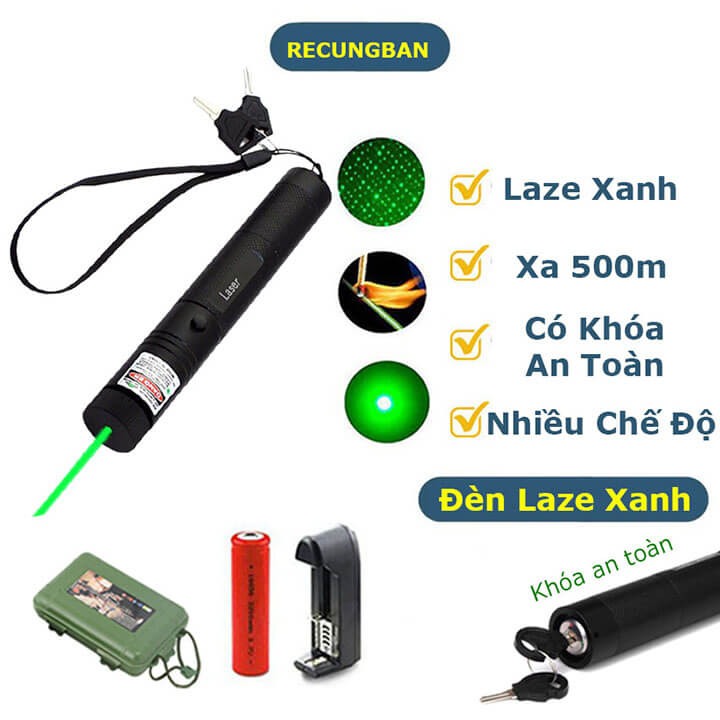 Đèn laser - bút laze lazer 303 tia xanh cực sáng công suất lớn chiếu xa 3km, có khóa an toàn, tặng kèm pin sạc 18650