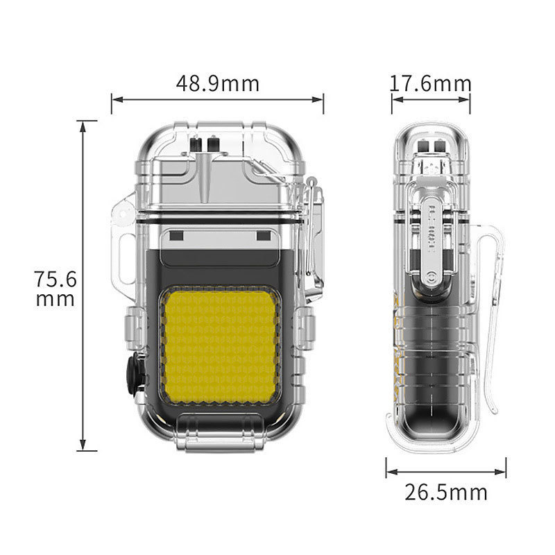 Hộp quẹt điện plasma 4in1 vỏ trong suốt có đèn pin siêu sáng chống nước chống gió, cổng sạc usb type C (tặng kèm dây sạc)