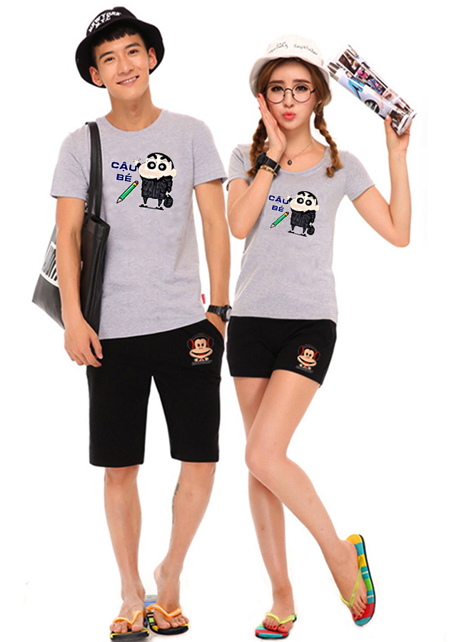 Bộ Áo Thun Đôi Nam Nữ Shin Màu Xám