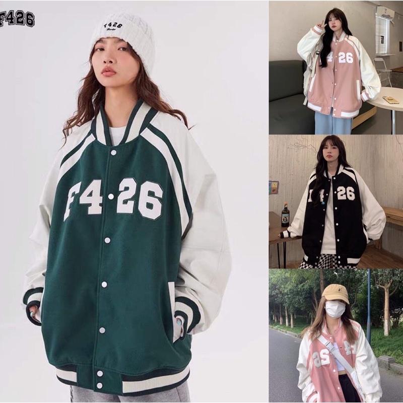 Áo Khoác Bomber Da Lộn Thêu Chữ F426_Áo Khoác Phom Rộng Unisex Nam Nữ Mang Cặp