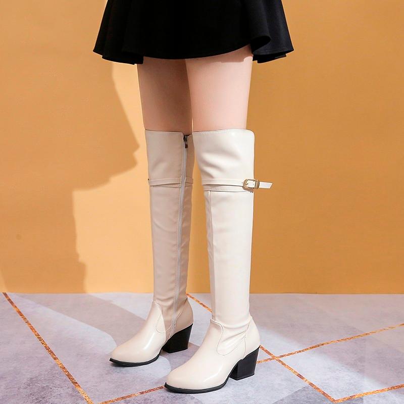 Mùa Đông 2021 Gợi Cảm Đầu Gối Giày Chặt Stovepipe Hiệp Sĩ Giày Da Lộn Mũi Tròn Chiến Đấu Giày Cho Nữ Xu Hướng Nhung Ấm Nữ giày Tăng