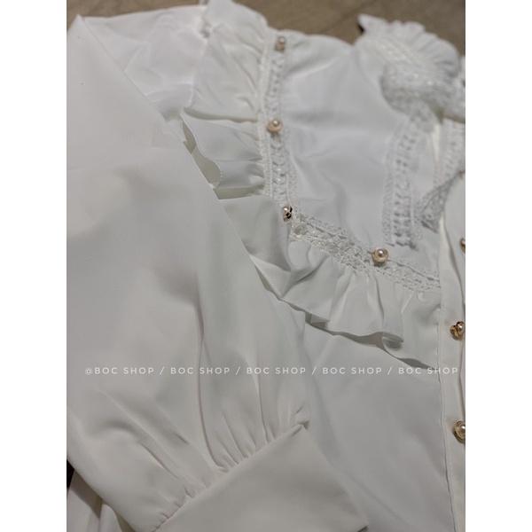 Áo sơ mi nữ kiểu ulzzang tiểu thư cổ nơ tay dài, màu trắng sang chảnh chất vải đẹp