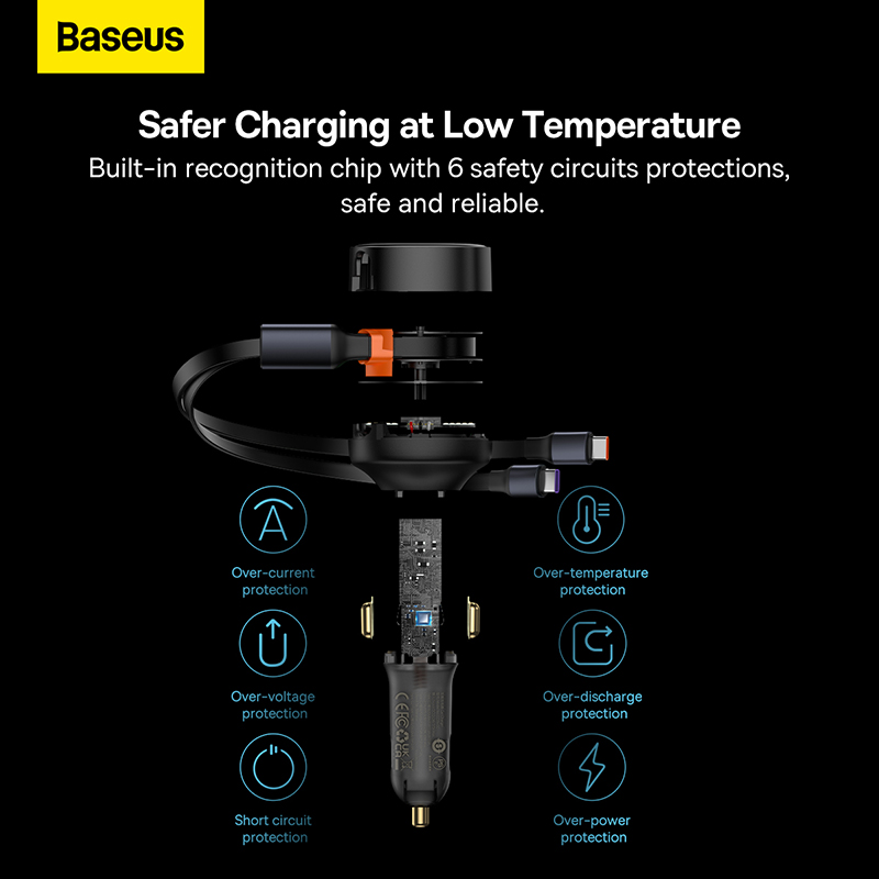Tẩu sạc ô tô kèm dây Baseus Enjoyment Retractable 2-in-1 Car Charger C+C 33W ( CCTX-CC)- Hàng chính hãng