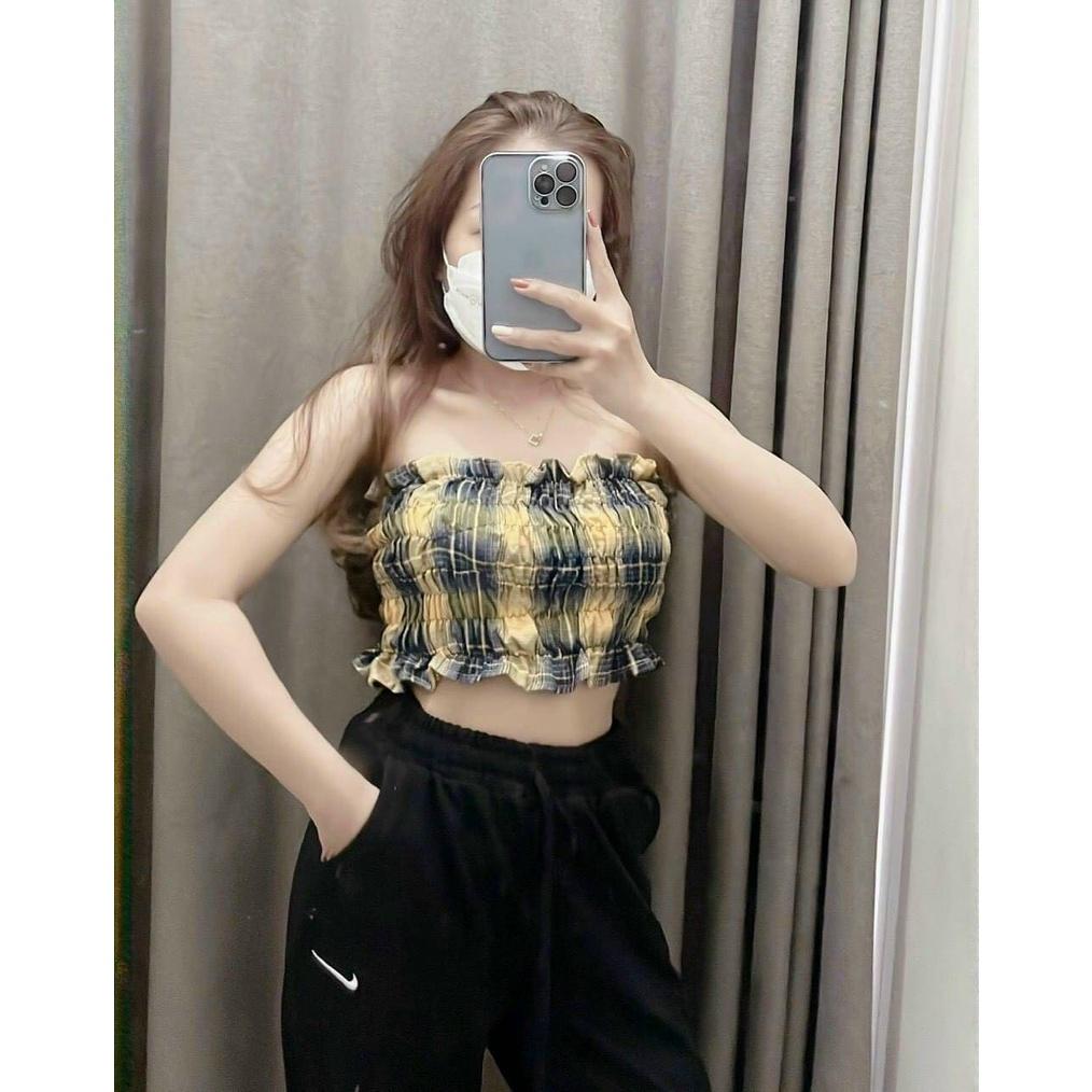 Áo croptop kiểu ống nhún ngực caro áo quây ngực nữ siêu co giãn HIJUNE CT07