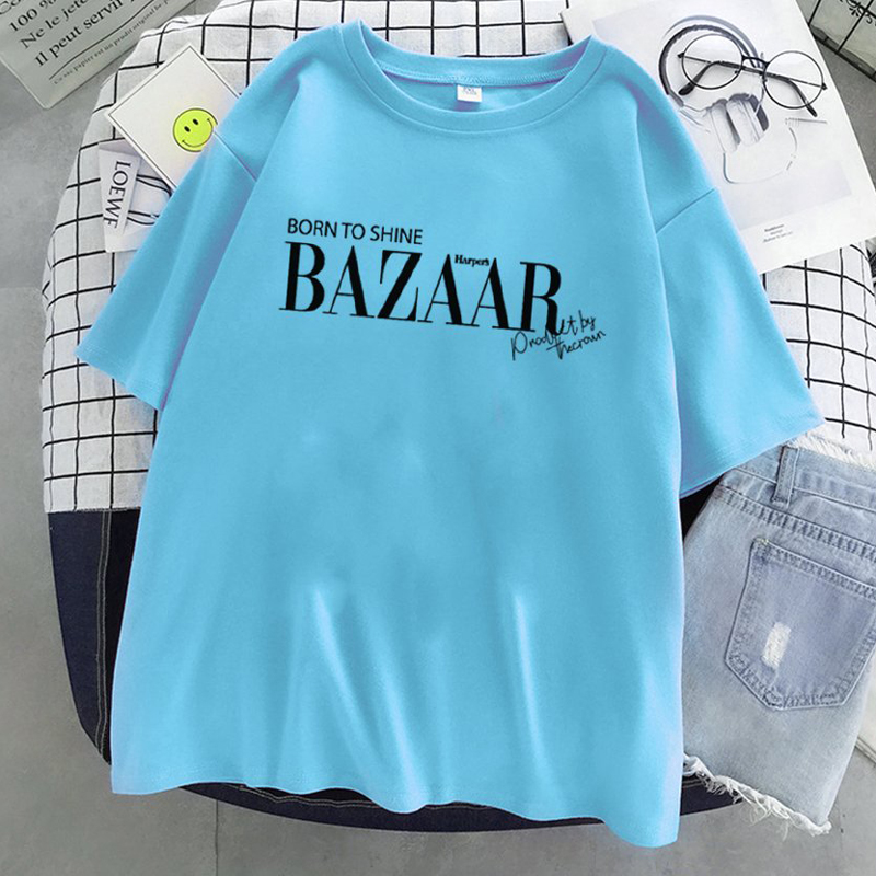 Áo Thun Nữ Màu Xanh In Chữ BORN TO SHINE BAZAAR