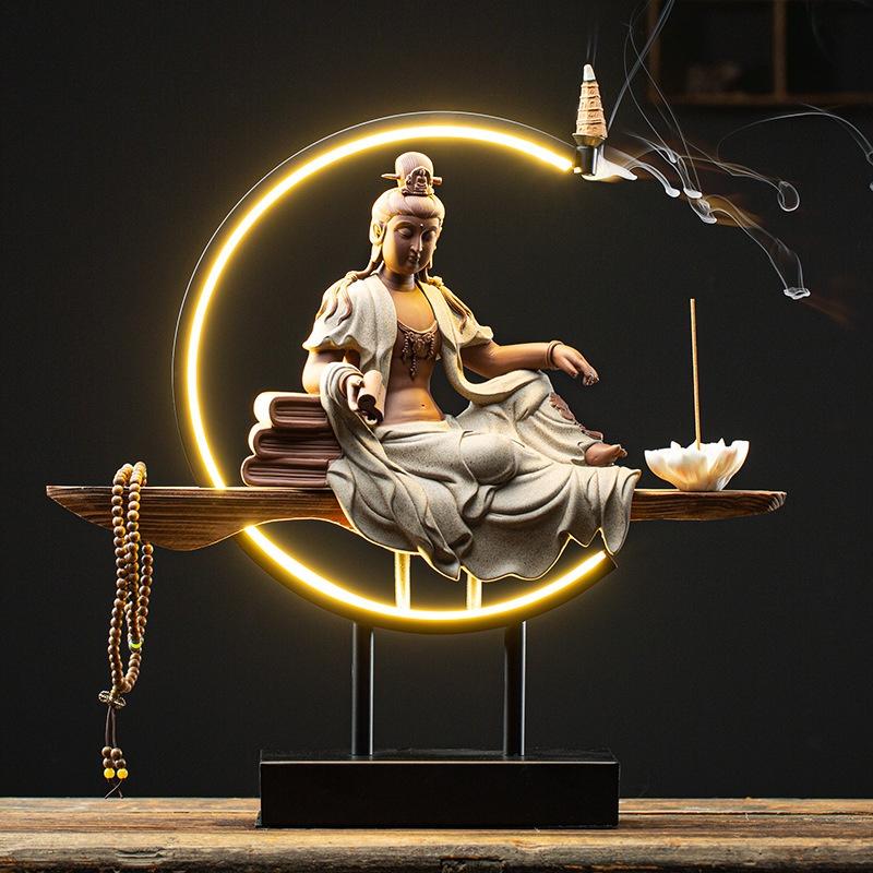 Tượng Quan Âm Đọc sách thiền tịnh- Tượng phật Quan Thế Âm Bồ Tát Gốm tử sa cao cấp trang trí decor không gian thanh tịnh