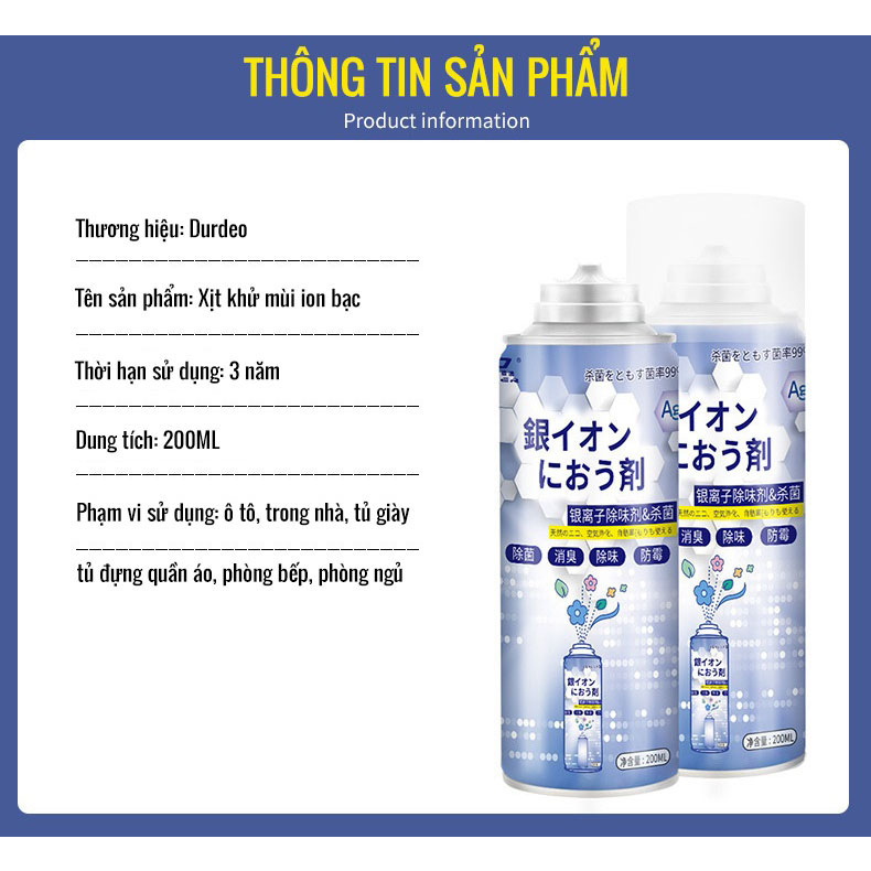 Xịt Khử Mùi Ion Bạc Công Nghệ Nhật Bản Khử Mùi Ô Tô, Tủ Quần Áo, Diệt Khuẩn Và Thanh Lọc Không Khí-200ML