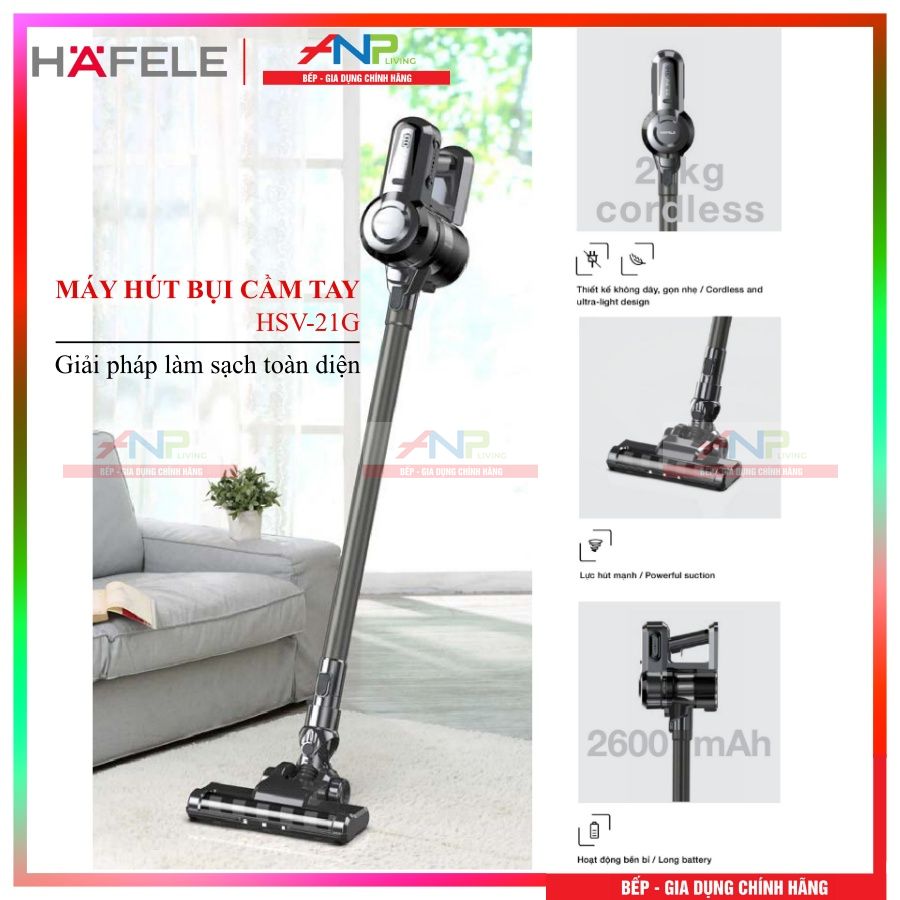 Máy Hút Bụi Cầm tay HAFELE HSV-21G/535.43.079 (Thiết kế không dây cơ động với 4 chổi hút - Lực Hút 10 kPA Siêu Khỏe - Pin Li-ion 2600 mAh Bền Bỉ - Động cơ BLDC với độ ồn &lt; 70 dB Êm Ái) - Hàng Chính Hãng