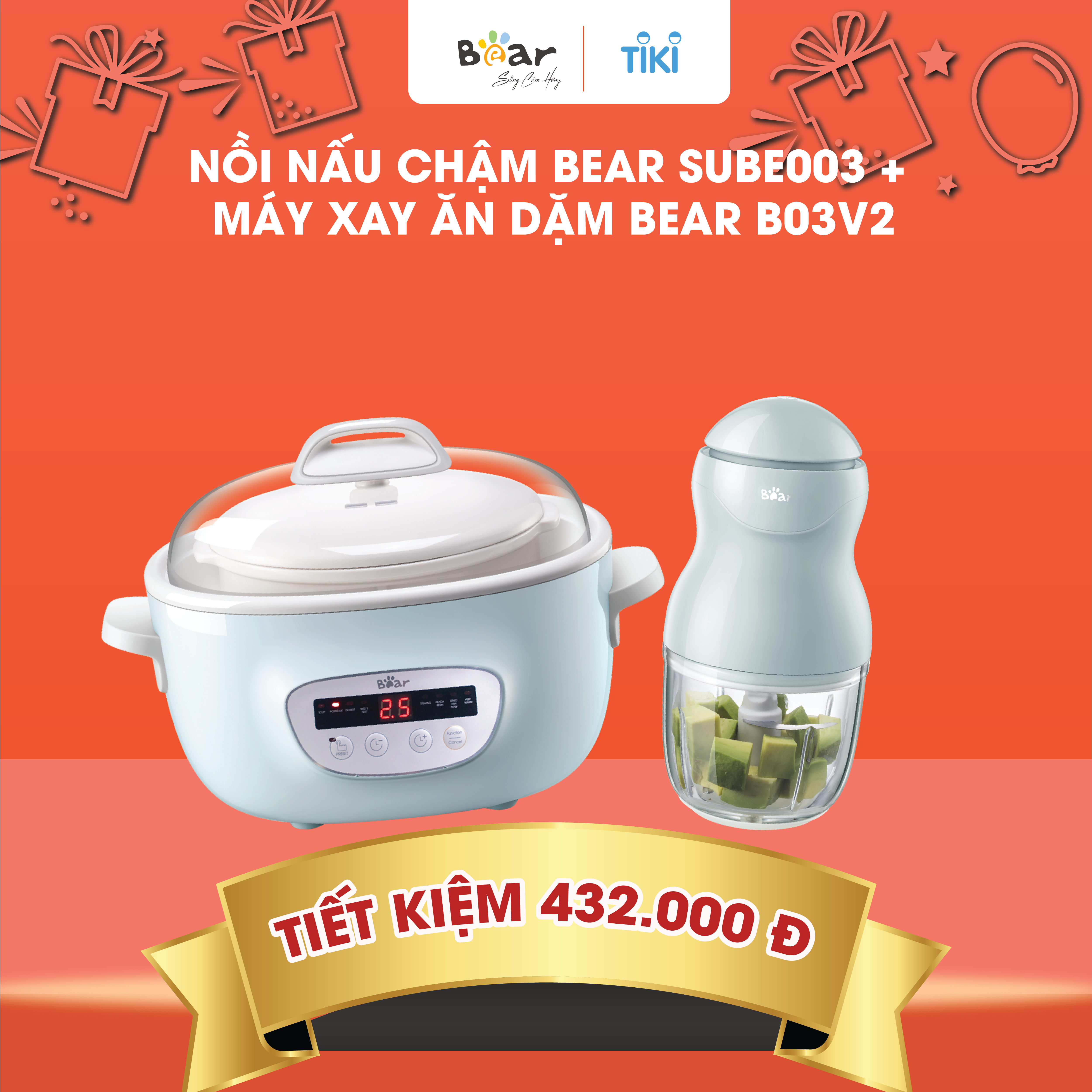 Combo Nồi Nấu Chậm 2,5L SUBE003 + Máy Xay Ăn Dặm 0,3L B03V2 nấu cháo, chưng yến, đồ ăn dặm dinh dưỡng, tiện dụng - Hàng Chính Hãng