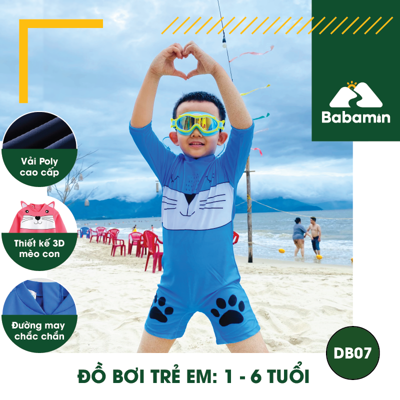 Đồ Bơi Trẻ Em Liền Thân 1 - 6 Tuổi - Babamin - Họa Tiết Hình Mèo Cute - DB07