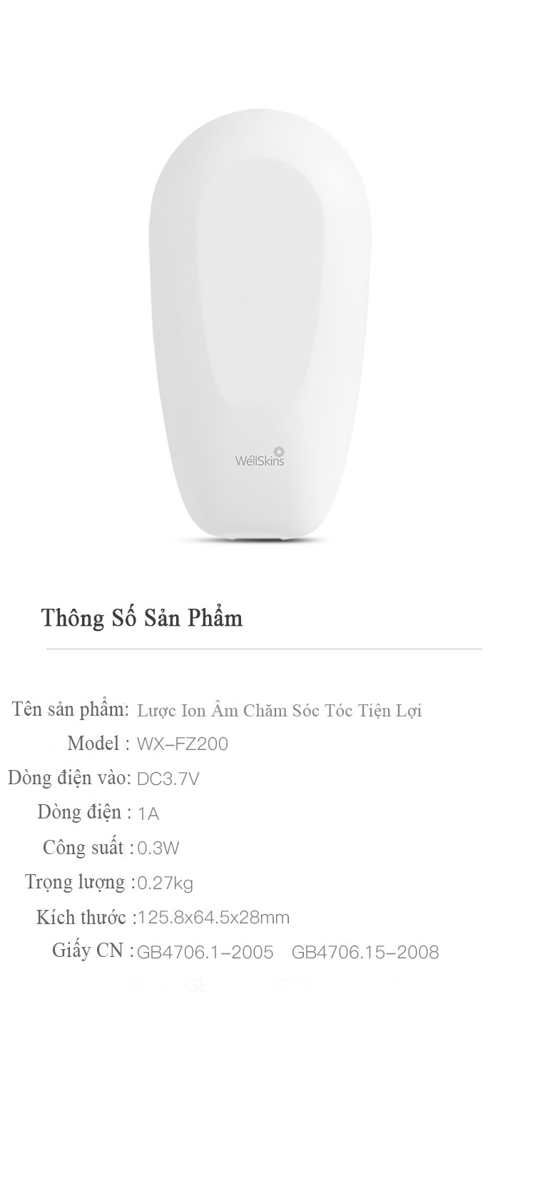 Lược chăm sóc tóc ion âm  wellskins fz200