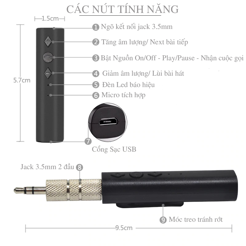 Thiết bị chuyển đổi tai nghe thường thành tai nghe không dây Bluetooth Music Receiver V4.1 + Tặng kèm jack 3.5mm 2 đầu