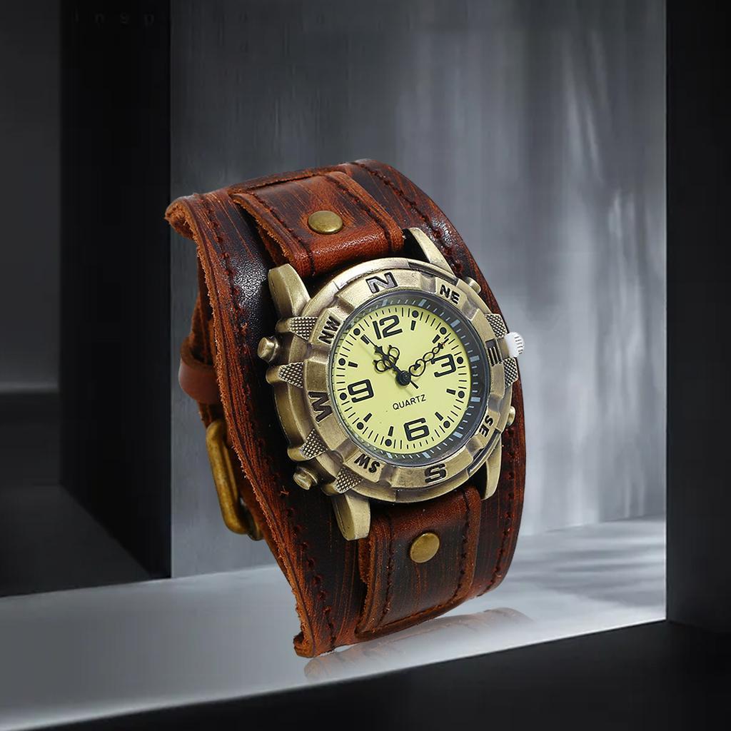 2Pcs Wristwatch Male Watch Band Leather Punk Vintage Bracelet
