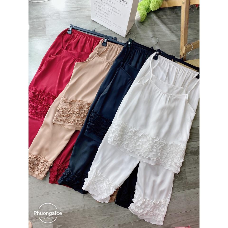 Đồ ngủ 2 dây quần dài bèo gợi cảm, đồ bộ satin mặc cực mát