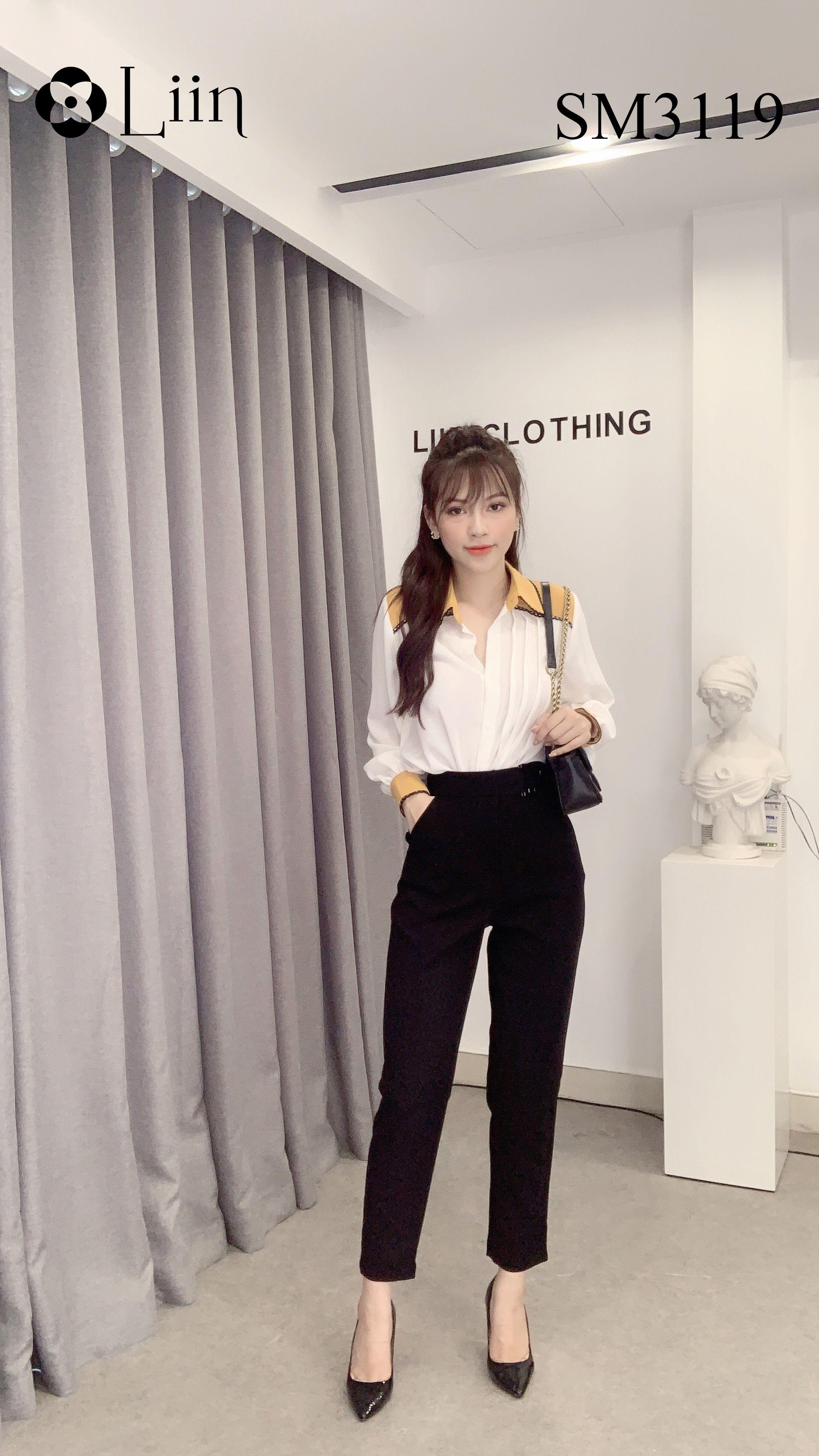 Áo sơ mi nữ màu Trắng Cổ Vàng phối viền bèo xinh xắn LINBI SM3119