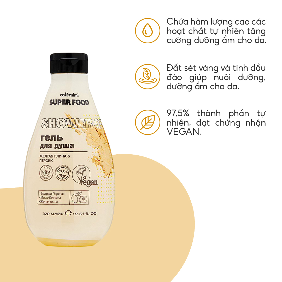 Gel tắm CAFÉMIMI dưỡng ẩm da Đất sét vàng và Đào 370ml