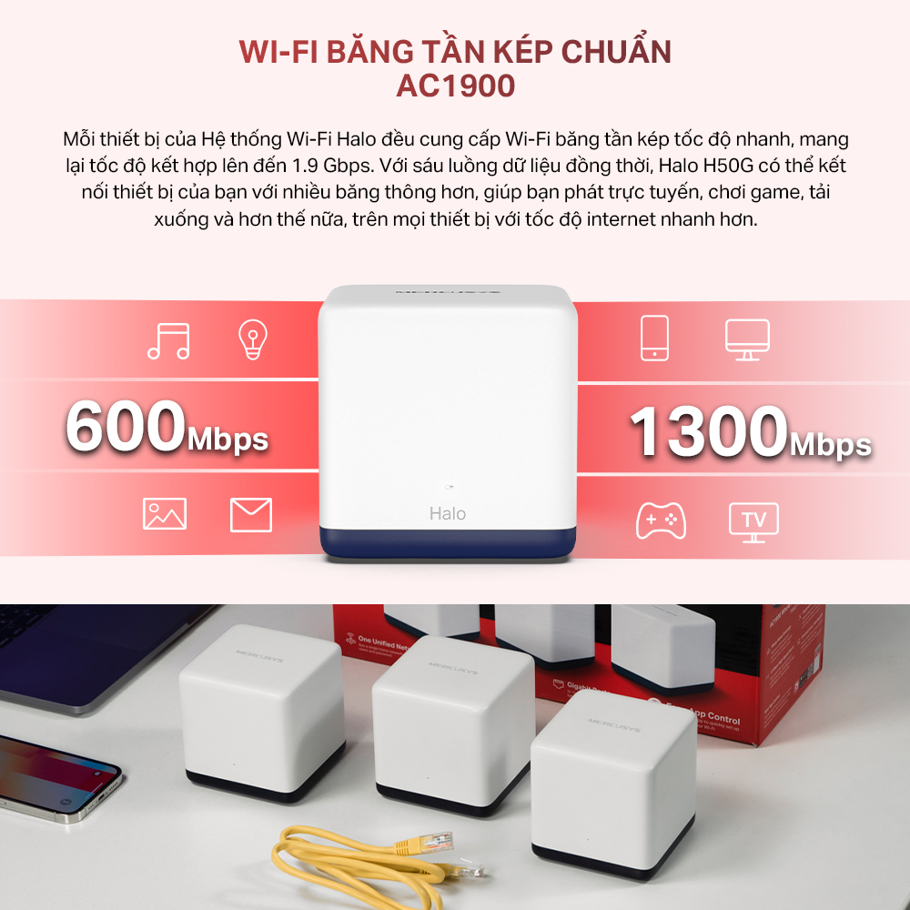 Hệ Thống Wifi Mesh Mercusys Halo H50G Dành Cho Gia Đình Chuẩn AC1900 - Hàng Chính Hãng